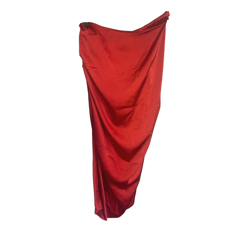 Red Satin Ruched Asymmetrical Chic Midi‎ Skirt M